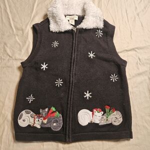 Vtg Bechamel Petites Winter Sweater Vest PM Black Zip Up Embroidered Cat Snow